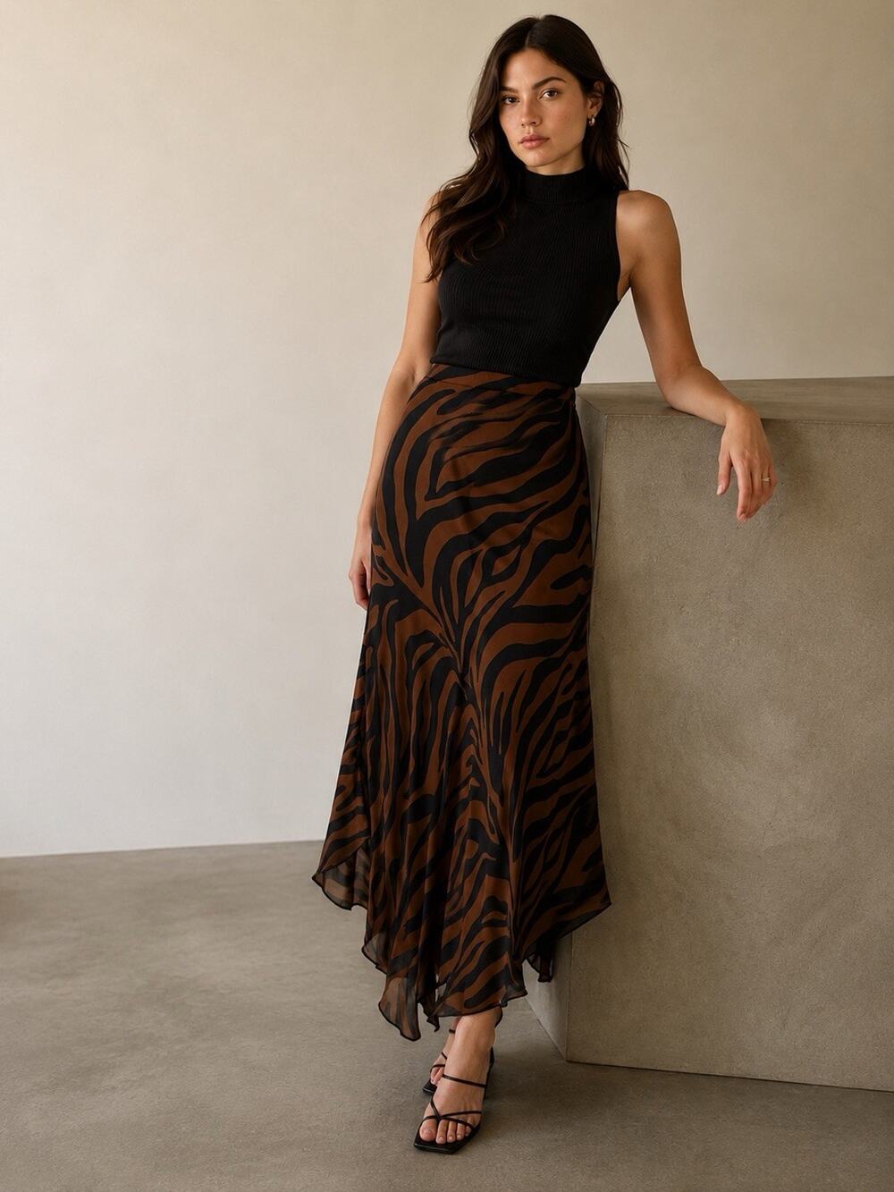 NYGARD Collection Y2K Zebra Print Bias Cut Asymmetric Silk Midi Skirt Sz 14 Pull